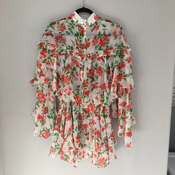 Caroline Constas Dresses & Skirts - Caroline Constas white, red and green floral high neck long sleeve chiffon dress